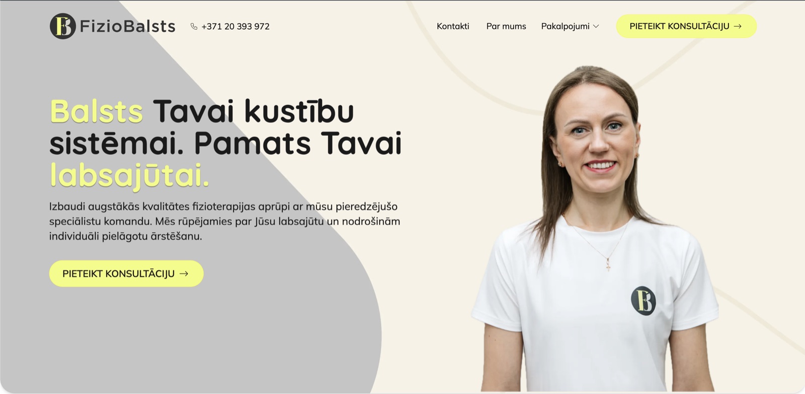 FizioBalsts sākumlapa ar klīnikas virsrakstu un pieraksta pogu