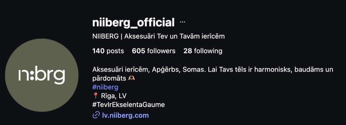 Niiberg Instagram profils ar zīmola logo un aprakstu